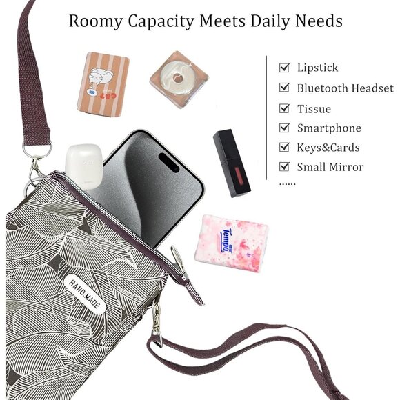 Women's Black Grey Cotton Handmade Cute Canvas Cross Body Bags Phone Purse - Picture 5 of 8